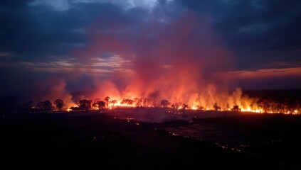 Obraz premium Aerial view of a massive wildfire at twilight