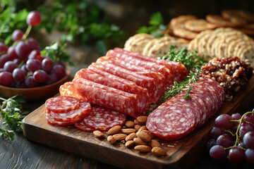 Wooden cutting board with sliced salami arranged in a row.