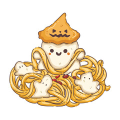 Cute Halloween Pasta with Ghosts, Pumpkin Hat, and Meatballs