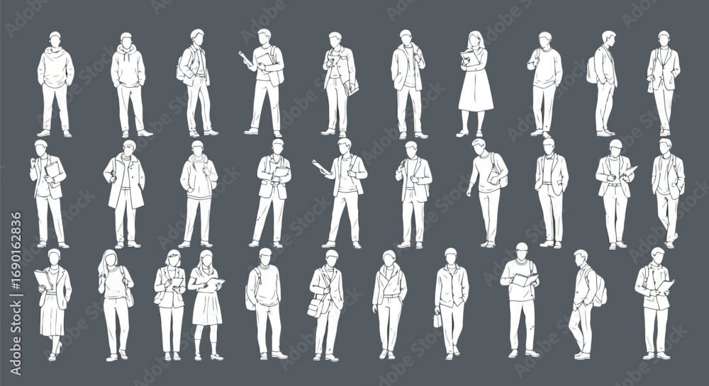 Poster vector vector art of set of white line art figures of people in various poses on a dark background t