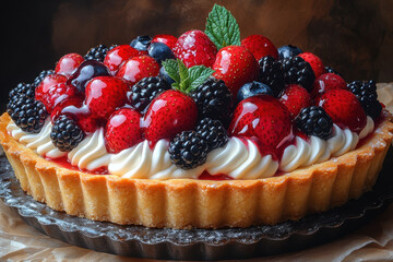 Tart topped with berries and cream.
