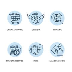 e-commerce web icons in line style online shopping digital marketing delivery coupon shop discount bank card gifts shop collection vector illustration