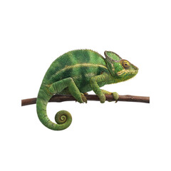 Vibrant Green Chameleon on Branch, Isolated on Black Background