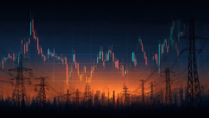 Financial market trends depicted over a cityscape at dusk with power lines