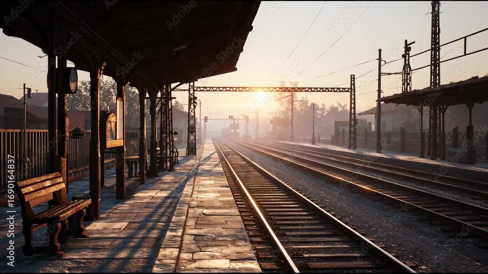 Poster Sunrise at a Tranquil Railway Station With Empty Platforms and Tracks