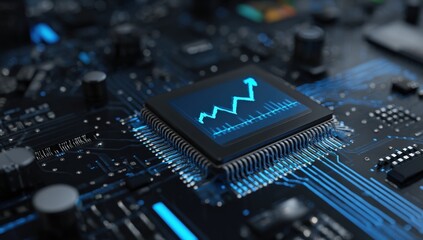 Close-up of a circuit board with a processor displaying a growth chart