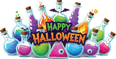 Happy halloween greeting card with colorful potion bottles, perfect for festive celebrations and spooky decorations