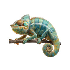 Vibrant Panther Chameleon on Branch, Isolated on Black