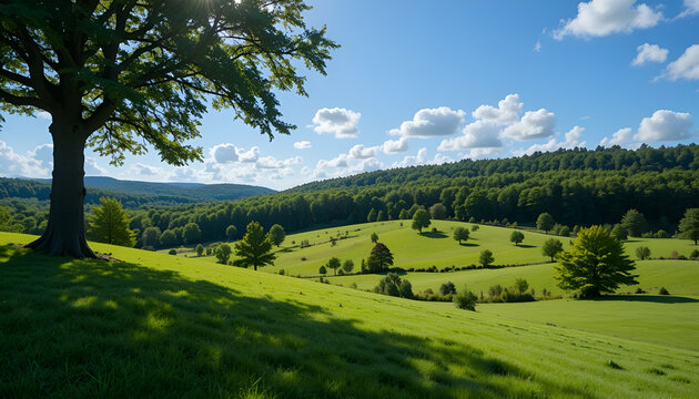 A scenic view of a lush green hillside with trees under a sunny blue sky and scattered white clouds grainy