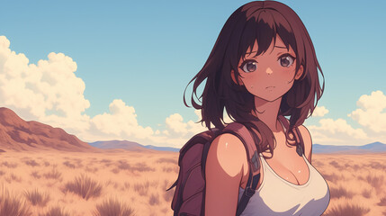 Fototapeta premium Captivating Encounter in a Desert Landscape: A Thoughtful Traveler Embracing Nature's Beauty with a Backpack on a Journey of Self-Discovery