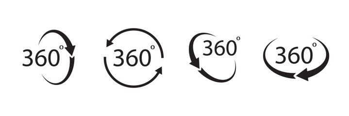360 degree icon set in flat style. 360 degree view rotation set. 360 degree view. Virtual reality. Vertical and horizontal view. Arrow icons. Minimal interface icon, symbol. Vector graphic. EPS 10