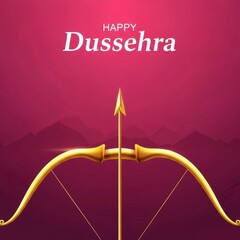 Happy dussehra greeting card with golden bow and arrow on a maroon background art