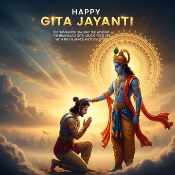 Lord krishna bestows blessing on arjuna during gita jayanti festival