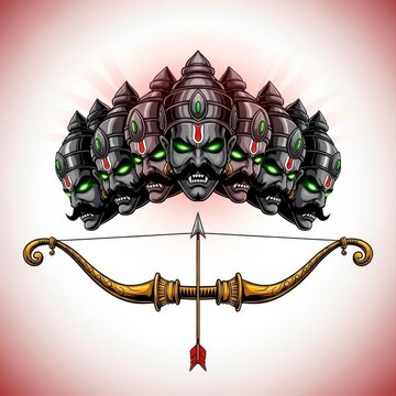 Illustration of ravana with multiple heads and a bow and arrow on a light background