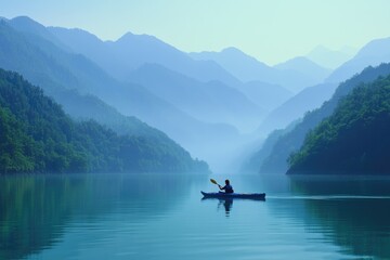 A lone kayaker paddles across a serene lake, surrounded by misty blue mountains.