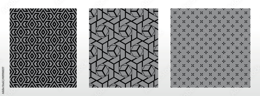 Poster geometric set of seamless black and gray patterns. simple vector graphics