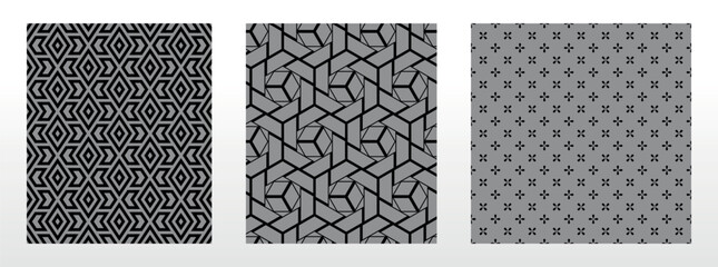 Geometric set of seamless black and gray patterns. Simple vector graphics