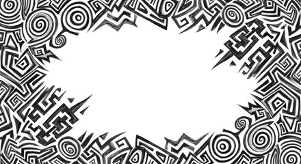 Bold black and white abstract tribal border design with modern geometric shapes and swirls