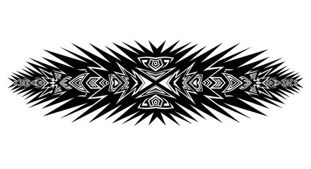 Striking tribal sunburst graphic design with intricate symmetrical patterns and sharp edges.
