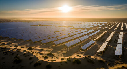 Vast Solar Farm at Sunset: Renewable Energy in Desert Landscape
