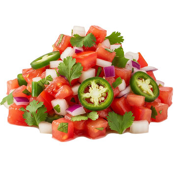 Photo of a fresh and colorful pico de gallo salsa made with diced tomatoes, onions, jalapeos, and cilantro, piled high and isolated on a transparent background
