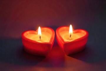 Close-up of two heartshaped candles burning brightly in soft candlelight, casting a warm glow Perfect for Valentine's Day, romance, or love-themed projects , serene, hearts, flame