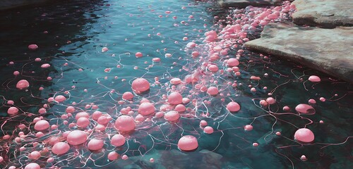 River of sticky bubblegum swirling under gleaming floating jelly pads