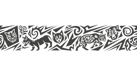 Dynamic tribal wolf and tiger border design with powerful animal motifs and sharp graphic elements
