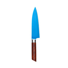 Vibrant Blue Chef Knife with Wooden Handle - Professional Kitchen Tool Isolated on Transparent Background