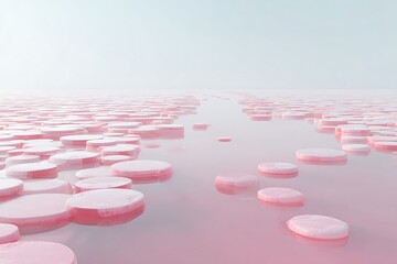Serene pink river flowing beneath a layer of floating jelly pads