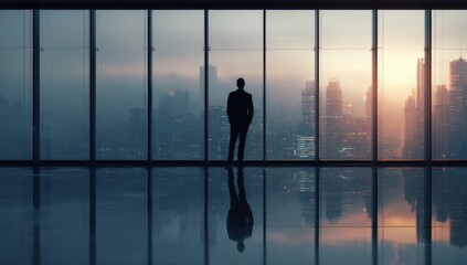 Businessman gazing at cityscape through panoramic windows