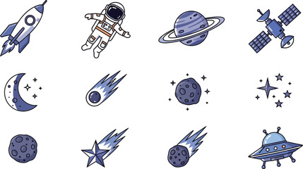 A stellar collection of spacethemed icons, featuring rockets, astronauts, planets, and other celestial wonders