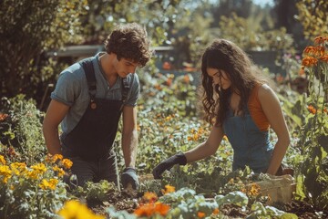 A young couple tends their vibrant garden, working together amidst blooming flowers and lush greenery.