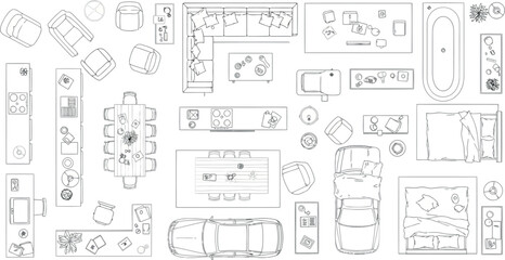 Vector vector art of topdown view of various furniture arrangements and room layouts, transparent background