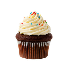 Delicious Chocolate Cupcake with Creamy Vanilla Frosting and Colorful Sprinkles - Isolated on Transparent Background