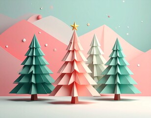 Origami Christmas Tree Pastel Illustration