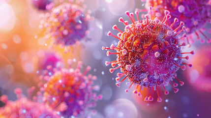 Microscopic View of Pink and Orange Virus Cells Detailed