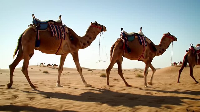 Camels Caravan Walking on Golden Sand Dunes with Blue Saddle and Traditional Middle Eastern Adornments Under Sunny Sky in Arid Desert Landscape Animal Transportation and Desert Tourism