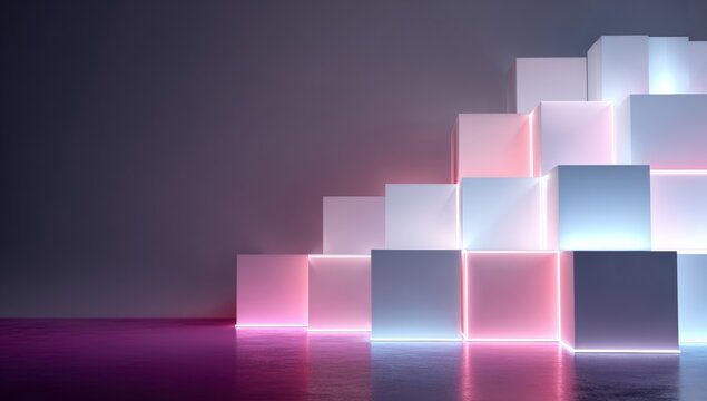 Abstract geometric shapes illuminated by vibrant neon lights