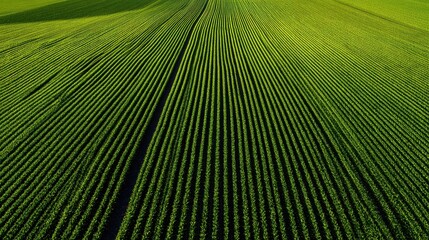 Aerial View of Lush Green Crop Rows in Agricultural Field.