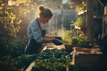 A female farmer harvests fresh greens in a sunlit greenhouse, showcasing sustainable agriculture.