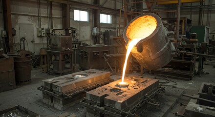 Molten Metal Pouring into Foundry Molds.