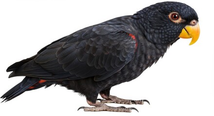 Black Lory Bird Isolated on White Background Close Up Portrait with Vivid Yellow Beak and Detailed Feathers Exotic Wildlife Photography
