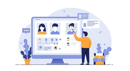 Man managing online user profiles on a computer screen.