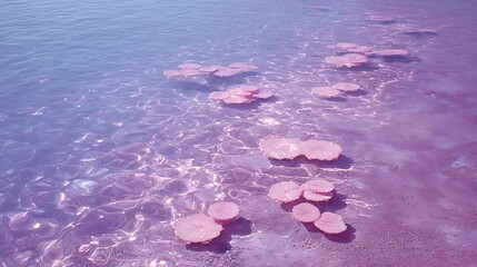 Shimmering pink river with gentle current holding jelly pads above