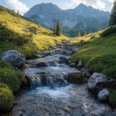 Clear stream flowing through Doloma Valley in the mountains.