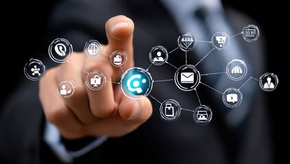 A businessman interacts with digital icons, symbolizing connectivity and communication in the modern world. The image illustrates the intersection of technology and business.