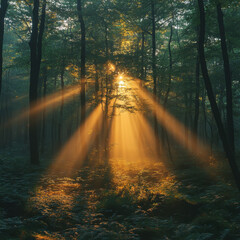 Obraz premium Sunbeam illuminating the dense woods, casting shadows and highlighting the trees.