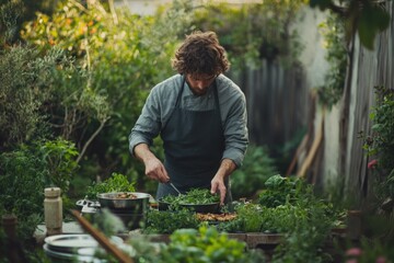 Fototapeta premium A chef prepares a meal outdoors, surrounded by fresh herbs and vegetables from his garden.