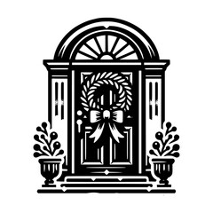 Front door with decorative wreath and bow black vector icon with transparent background 
